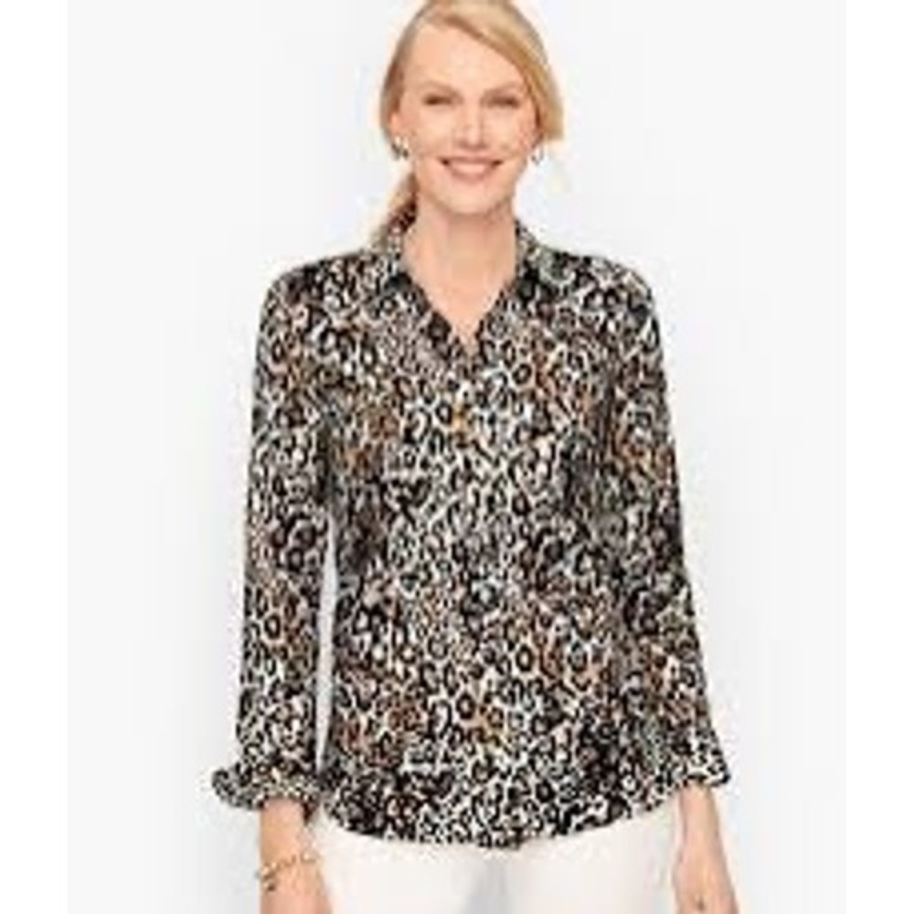 Talbots‎ Womens Leopard Print 100% Cotton Button Down Shirt Blouse Brown Large
